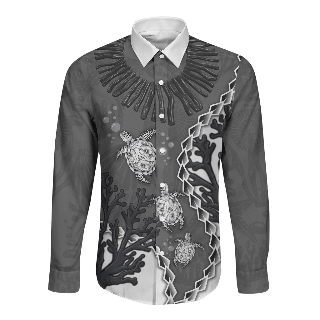 Personalized Black Coral Hawaii Long Sleeve Button Shirt Ekaha Ku Moana Honu Sea Turtle LT14 Unisex Gray - Polynesian Pride