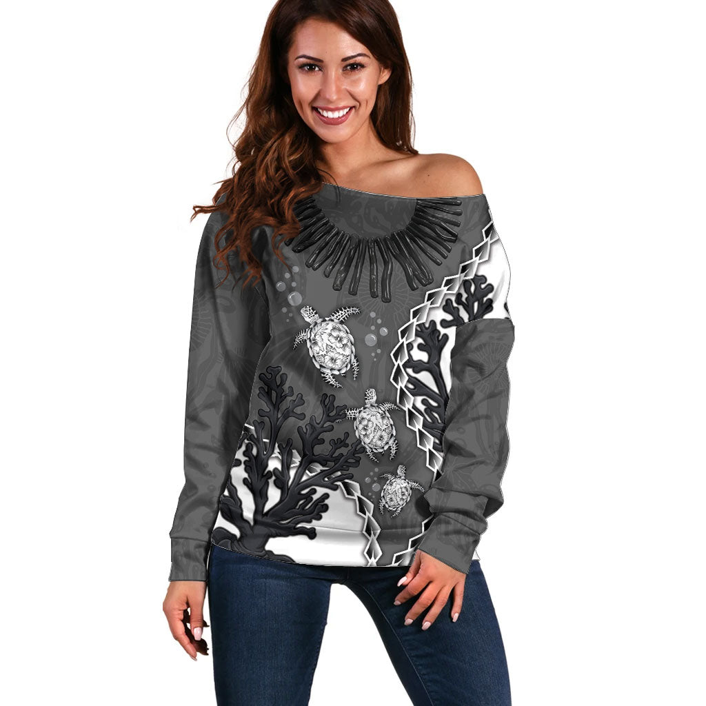 Personalized Black Coral Hawaii Off Shoulder Sweater Ekaha Ku Moana Honu Sea Turtle
