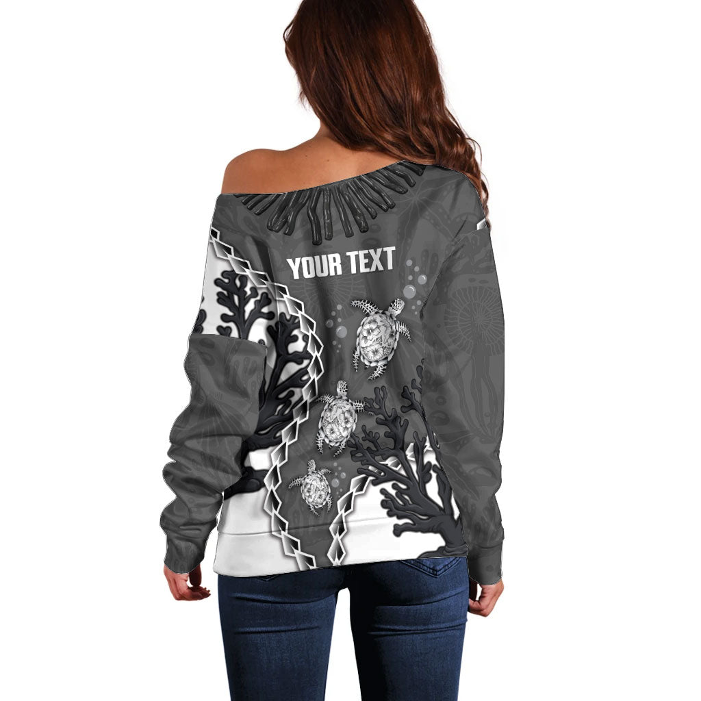 Personalized Black Coral Hawaii Off Shoulder Sweater Ekaha Ku Moana Honu Sea Turtle