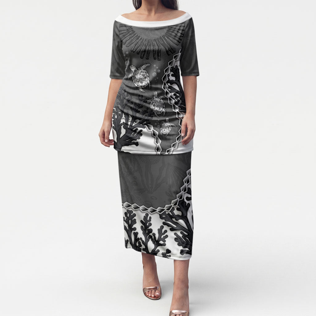 Personalized Black Coral Hawaii Puletasi Ekaha Ku Moana Honu Sea Turtle LT14 Long Dress Gray - Polynesian Pride