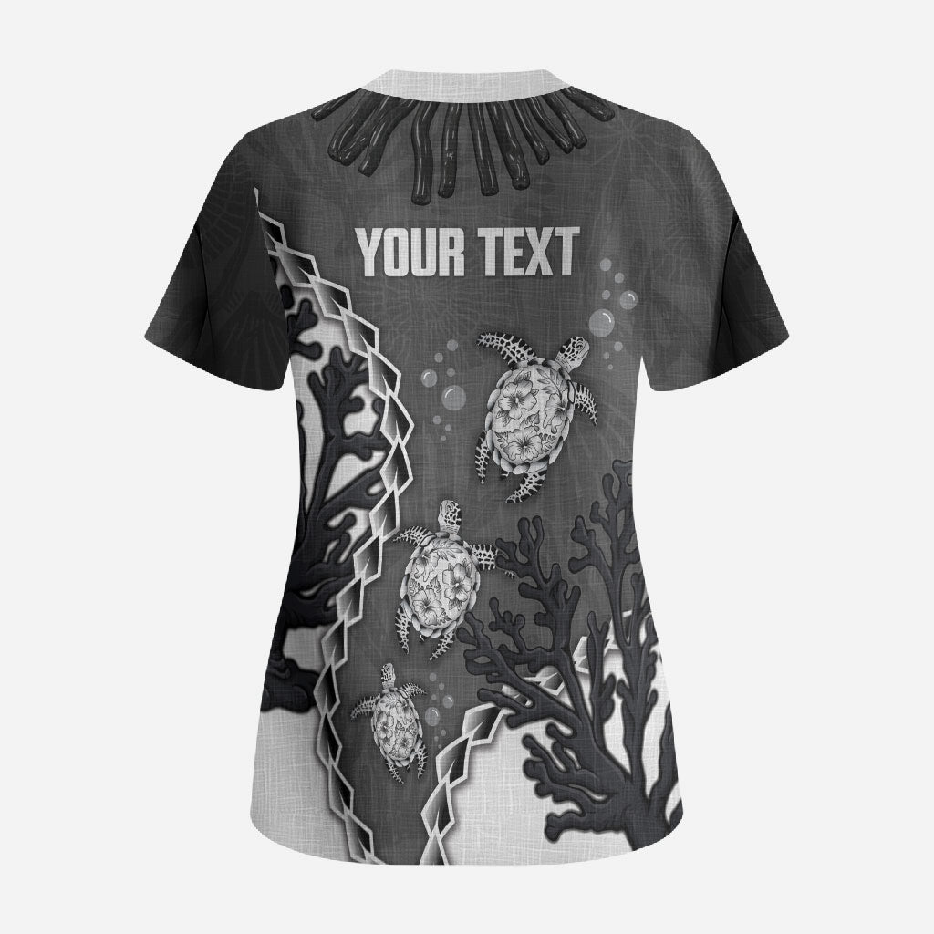 Personalized Black Coral Hawaii Scrub Top Ekaha Ku Moana Honu Sea Turtle