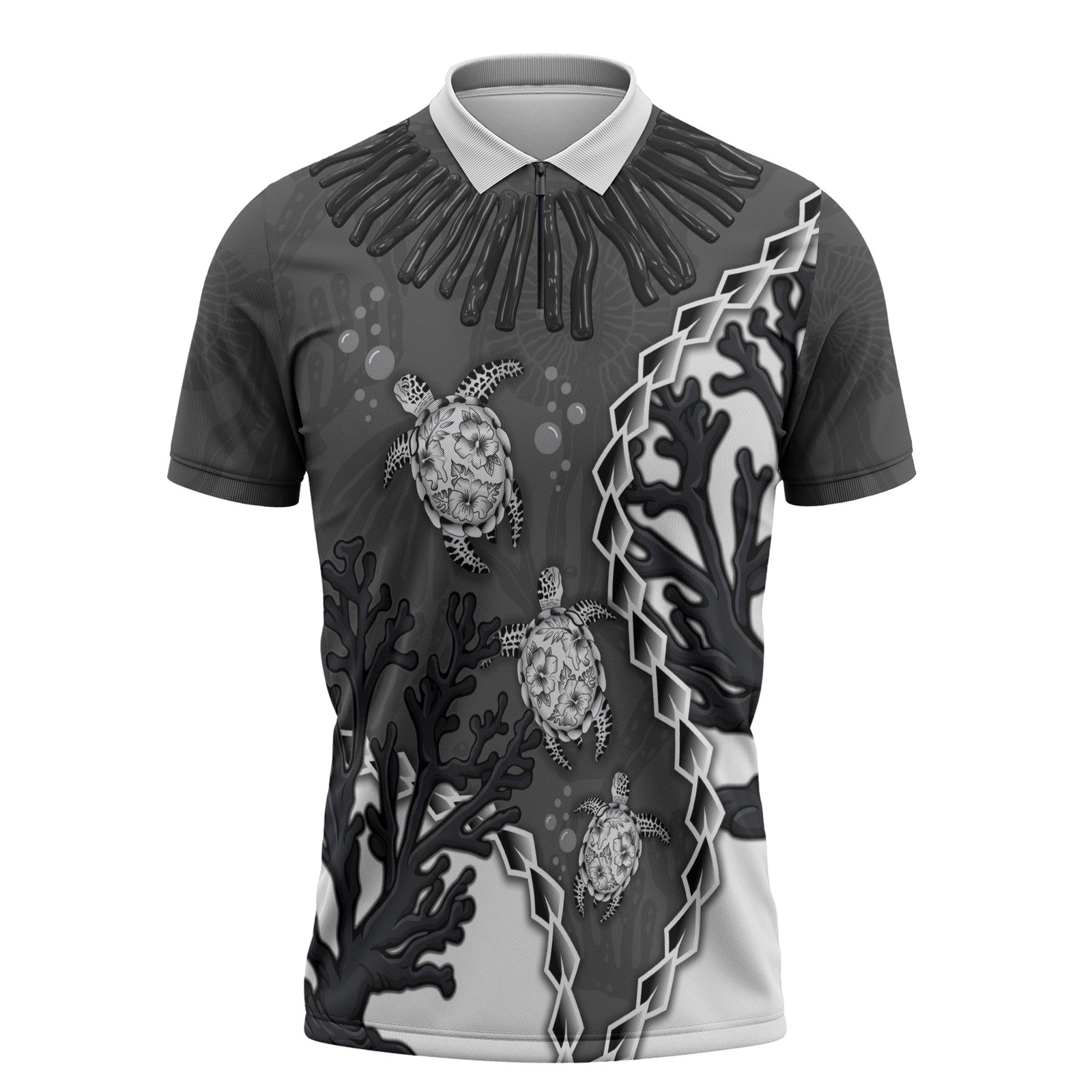 Personalized Black Coral Hawaii Zipper Polo Shirt Ekaha Ku Moana Honu Sea Turtle