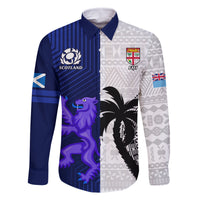 Fiji And Scotland Rugby Family Matching Mermaid Dress and Hawaiian Shirt Fijian Tapa Pattern With Thistle LT14 Dad's Shirt - Long Sleeve Blue - Polynesian Pride