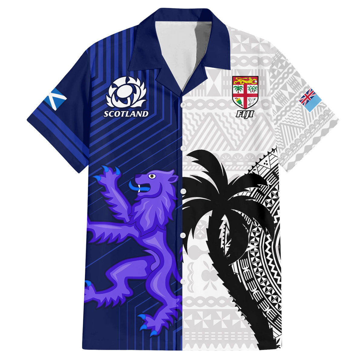 Fiji And Scotland Rugby Family Matching Off Shoulder Short Dress and Hawaiian Shirt Fijian Tapa Pattern With Thistle LT14 Dad's Shirt - Short Sleeve Blue - Polynesian Pride