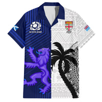 Fiji And Scotland Rugby Family Matching Off Shoulder Short Dress and Hawaiian Shirt Fijian Tapa Pattern With Thistle LT14 Dad's Shirt - Short Sleeve Blue - Polynesian Pride