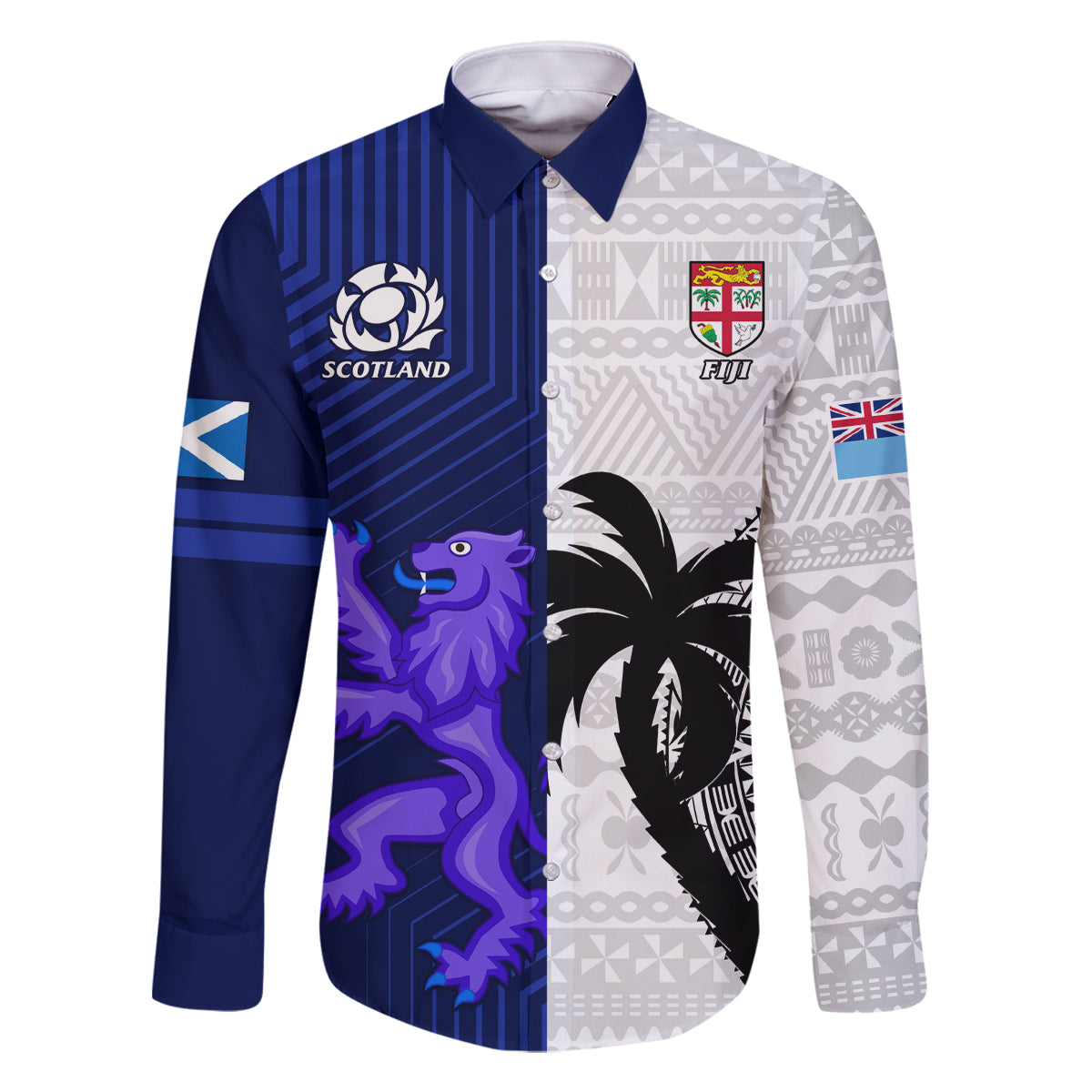 Fiji And Scotland Rugby Family Matching Off Shoulder Short Dress and Hawaiian Shirt Fijian Tapa Pattern With Thistle LT14 Dad's Shirt - Long Sleeve Blue - Polynesian Pride