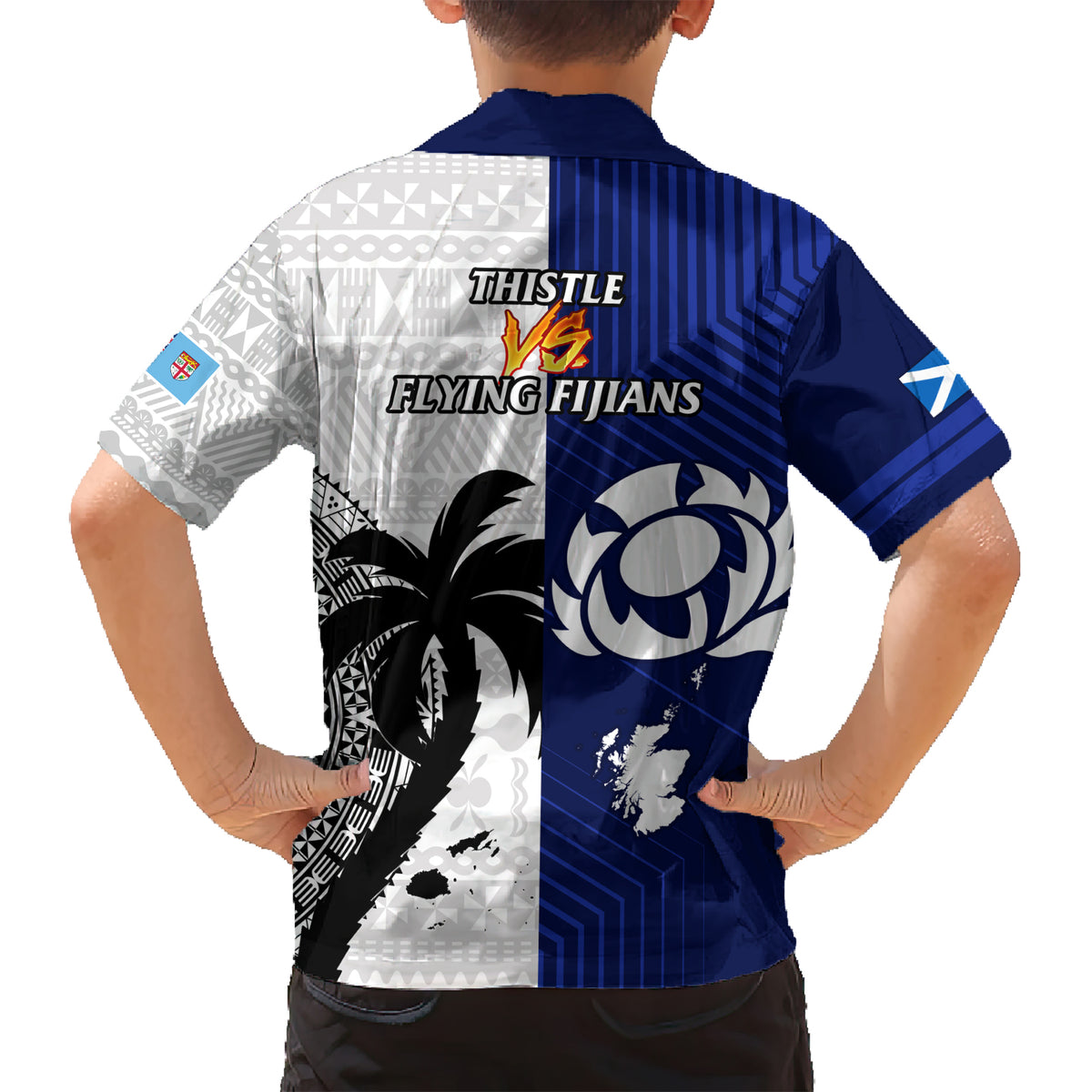 Fiji And Scotland Rugby Kid Hawaiian Shirt Fijian Tapa Pattern With Thistle LT14 - Polynesian Pride