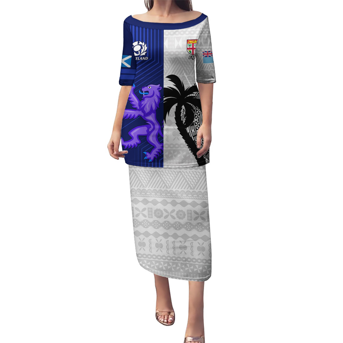 Fiji And Scotland Rugby Puletasi Fijian Tapa Pattern With Thistle LT14 Long Dress Blue - Polynesian Pride