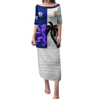 Fiji And Scotland Rugby Puletasi Fijian Tapa Pattern With Thistle LT14 Long Dress Blue - Polynesian Pride