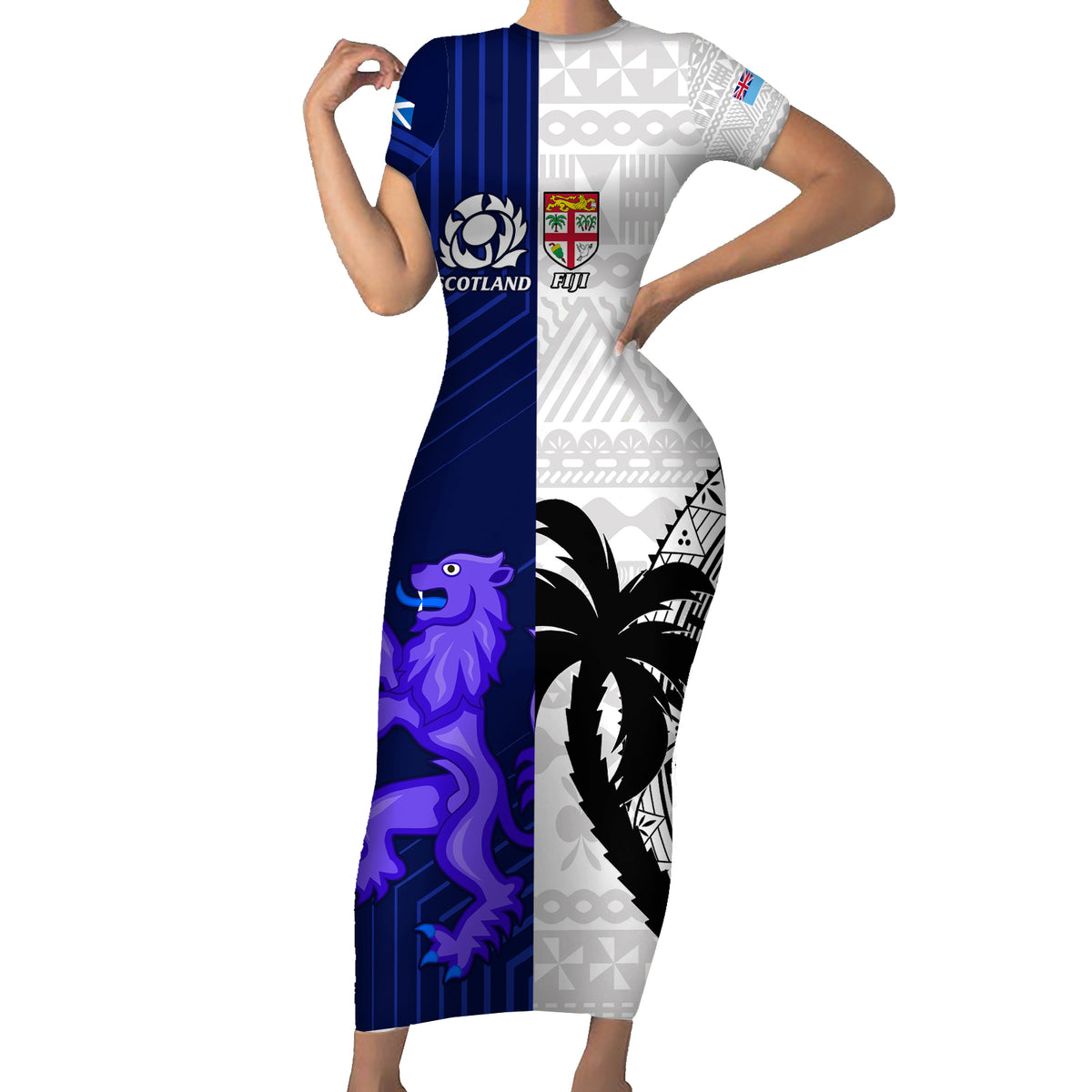 Fiji And Scotland Rugby Short Sleeve Bodycon Dress Fijian Tapa Pattern With Thistle LT14 Long Dress Blue - Polynesian Pride