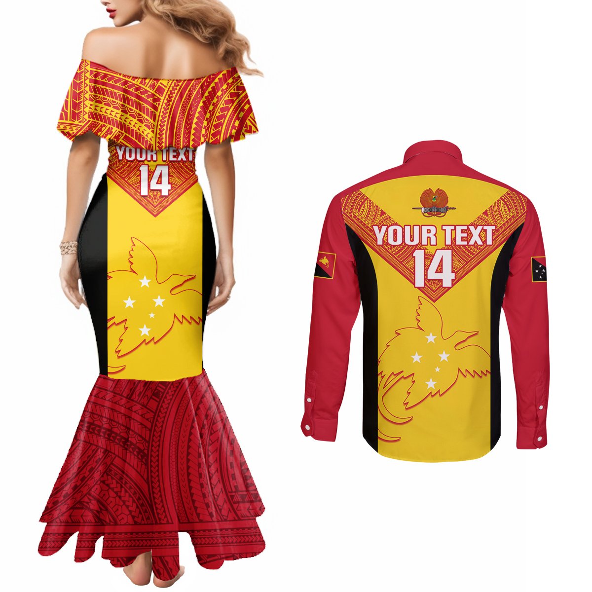 Custom Papua New Guinea Rubgby Couples Matching Mermaid Dress and Long Sleeve Button Shirts Pacific 2023 Go PNG Kumuls LT14 - Polynesian Pride