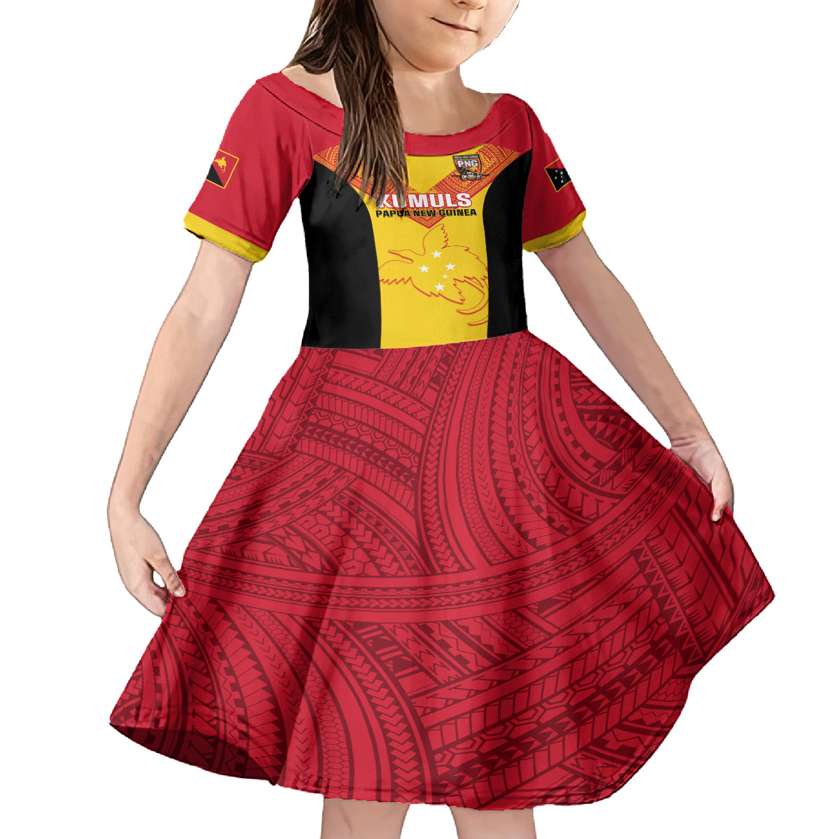 Custom Papua New Guinea Rubgby Family Matching Puletasi Dress and Hawaiian Shirt Pacific 2023 Go PNG Kumuls LT14 Daughter's Dress Yellow - Polynesian Pride