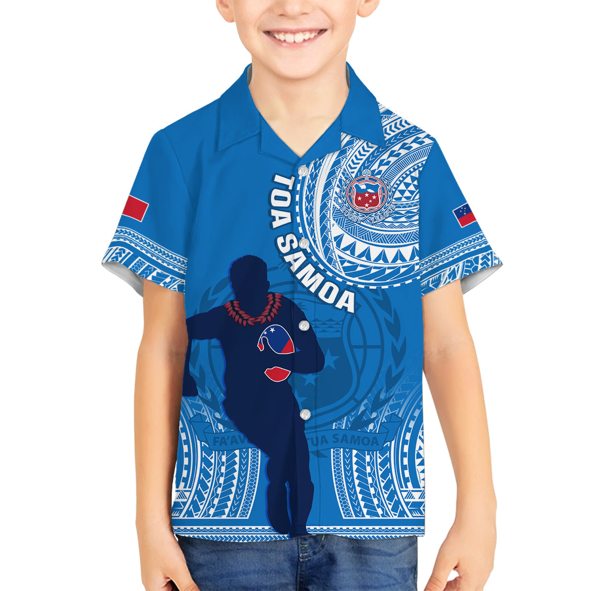 Custom Samoa Rugby Family Matching Off Shoulder Maxi Dress and Hawaiian Shirt Pacific 2023 Go Toa Samoa LT14 Son's Shirt Blue - Polynesian Pride