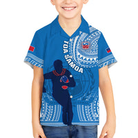Custom Samoa Rugby Family Matching Off Shoulder Maxi Dress and Hawaiian Shirt Pacific 2023 Go Toa Samoa LT14 Son's Shirt Blue - Polynesian Pride