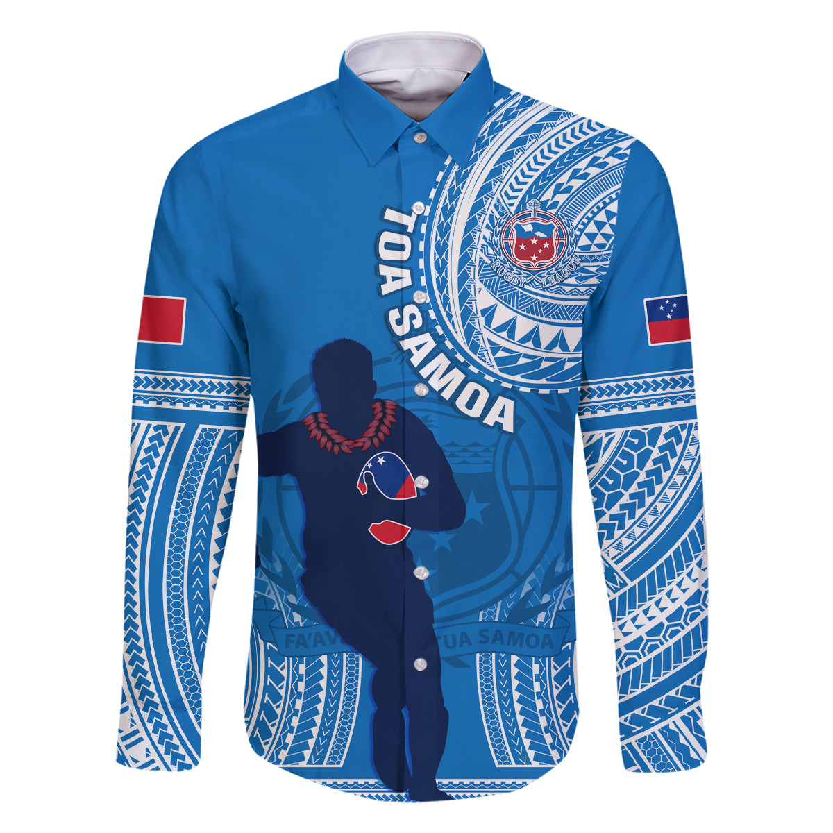 Custom Samoa Rugby Family Matching Tank Maxi Dress and Hawaiian Shirt Pacific 2023 Go Toa Samoa LT14 Dad's Shirt - Long Sleeve Blue - Polynesian Pride