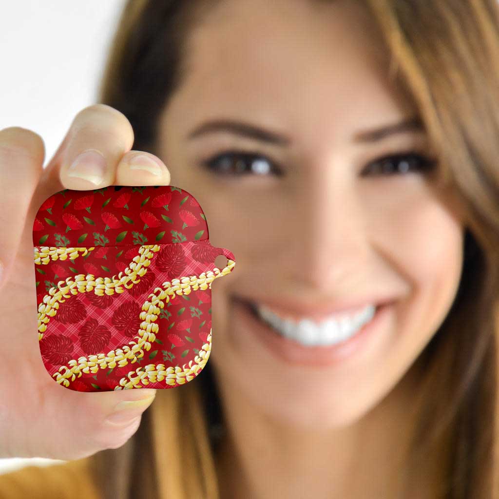 Red Palaka Hawaii Mele Kalikimaka AirPods Case Ohia Lehua Monstera Puakenikeni Lei LT14 - Polynesian Pride