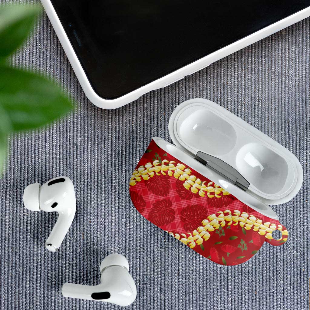 Red Palaka Hawaii Mele Kalikimaka AirPods Case Ohia Lehua Monstera Puakenikeni Lei LT14 - Polynesian Pride