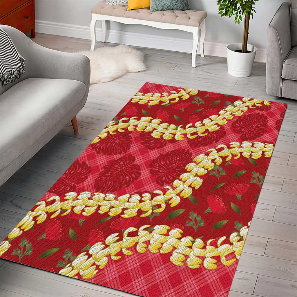 Red Palaka Hawaii Mele Kalikimaka Area Rug Ohia Lehua Monstera Puakenikeni Lei LT14 - Polynesian Pride