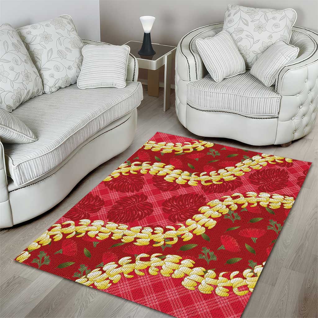 Red Palaka Hawaii Mele Kalikimaka Area Rug Ohia Lehua Monstera Puakenikeni Lei LT14 - Polynesian Pride