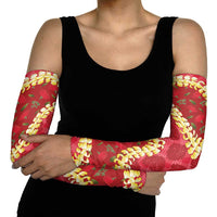 Red Palaka Hawaii Mele Kalikimaka Arm Sleeves Ohia Lehua Monstera Puakenikeni Lei LT14 - Polynesian Pride