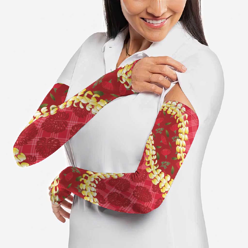 Red Palaka Hawaii Mele Kalikimaka Arm Sleeves Ohia Lehua Monstera Puakenikeni Lei LT14 - Polynesian Pride