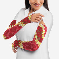 Red Palaka Hawaii Mele Kalikimaka Arm Sleeves Ohia Lehua Monstera Puakenikeni Lei LT14 - Polynesian Pride