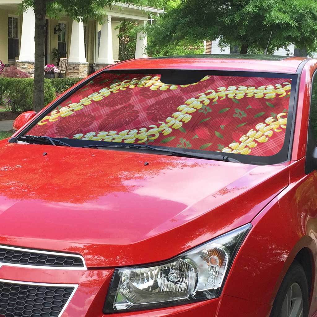 Red Palaka Hawaii Mele Kalikimaka Auto Sun Shade Ohia Lehua Monstera Puakenikeni Lei LT14 - Polynesian Pride