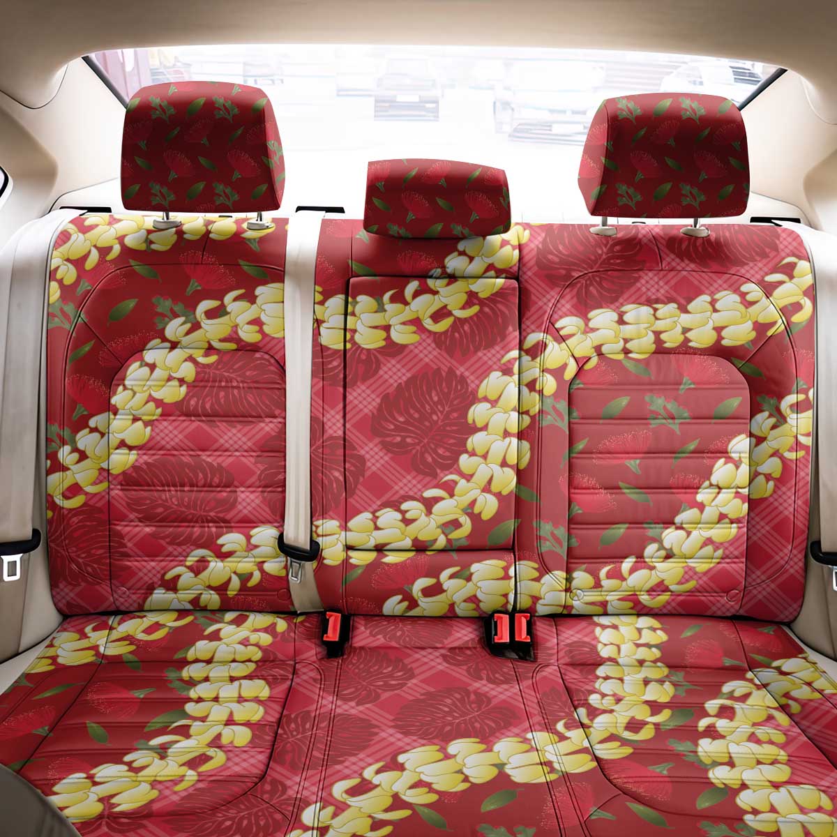 Red Palaka Hawaii Mele Kalikimaka Back Car Seat Cover Ohia Lehua Monstera Puakenikeni Lei LT14 - Polynesian Pride