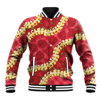 Red Palaka Hawaii Mele Kalikimaka Baseball Jacket Ohia Lehua Monstera Puakenikeni Lei LT14 Unisex Red - Polynesian Pride