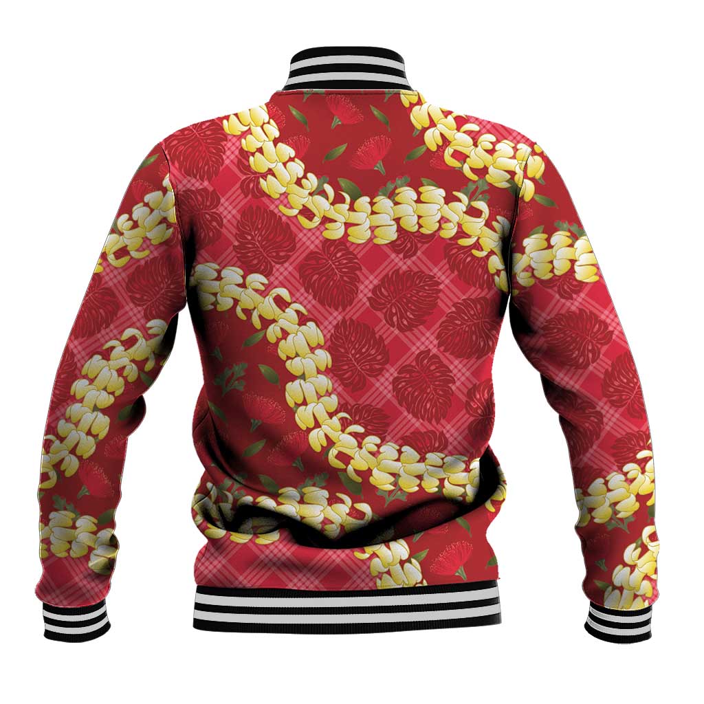 Red Palaka Hawaii Mele Kalikimaka Baseball Jacket Ohia Lehua Monstera Puakenikeni Lei LT14 - Polynesian Pride