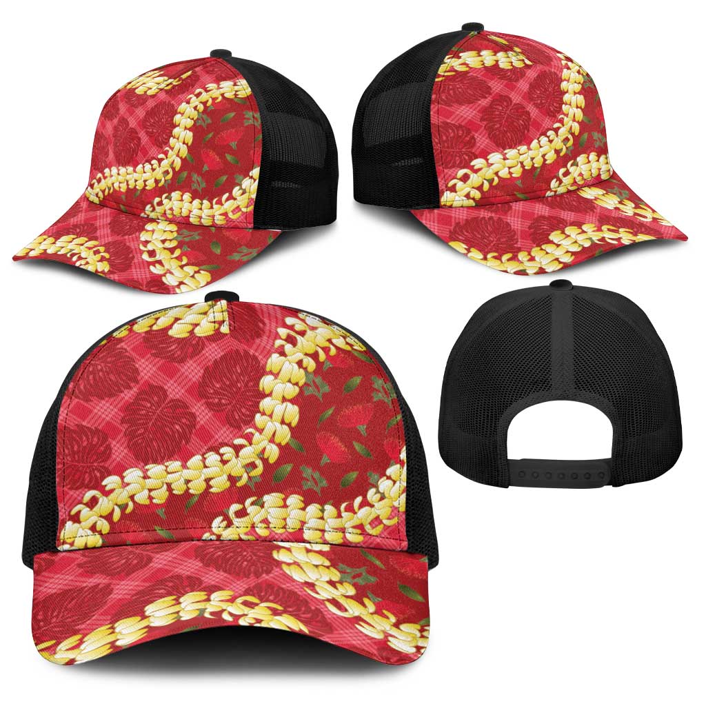 Red Palaka Hawaii Mele Kalikimaka Baseball Net Cap Ohia Lehua Monstera Puakenikeni Lei LT14 - Polynesian Pride