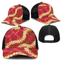 Red Palaka Hawaii Mele Kalikimaka Baseball Net Cap Ohia Lehua Monstera Puakenikeni Lei LT14 - Polynesian Pride