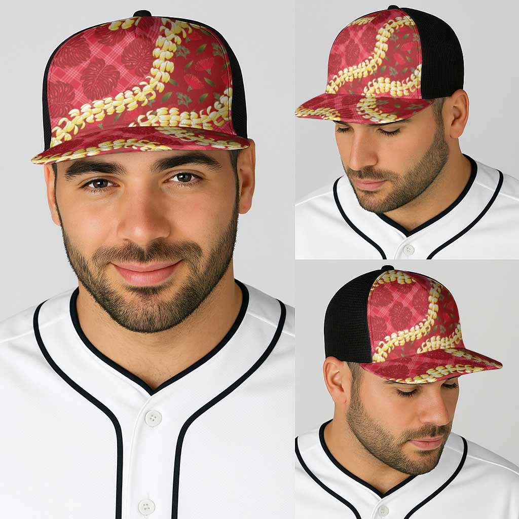 Red Palaka Hawaii Mele Kalikimaka Baseball Net Cap Ohia Lehua Monstera Puakenikeni Lei LT14 - Polynesian Pride