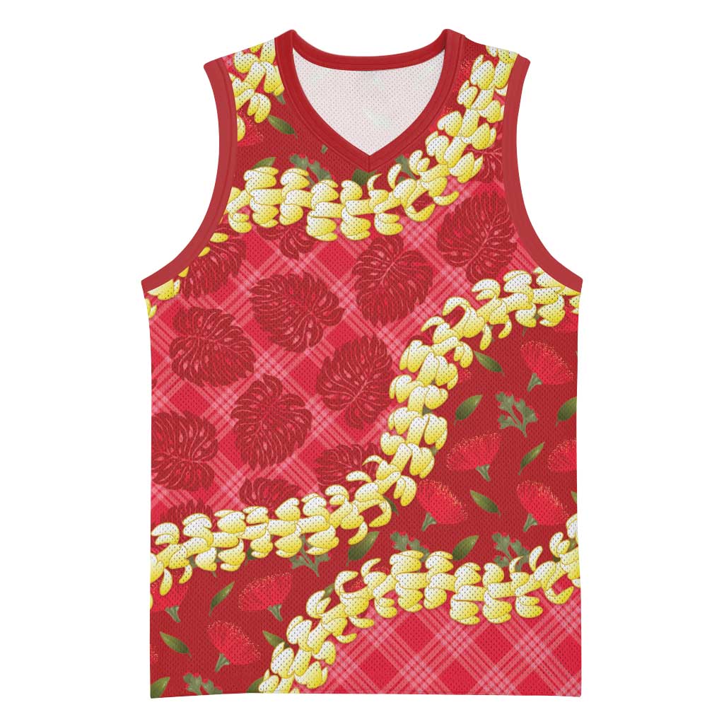 Red Palaka Hawaii Mele Kalikimaka Basketball Jersey Ohia Lehua Monstera Puakenikeni Lei LT14 Unisex Red - Polynesian Pride