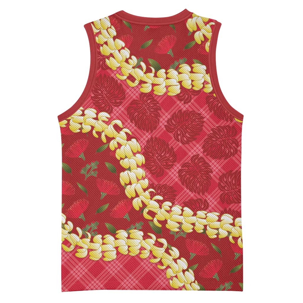 Red Palaka Hawaii Mele Kalikimaka Basketball Jersey Ohia Lehua Monstera Puakenikeni Lei LT14 - Polynesian Pride