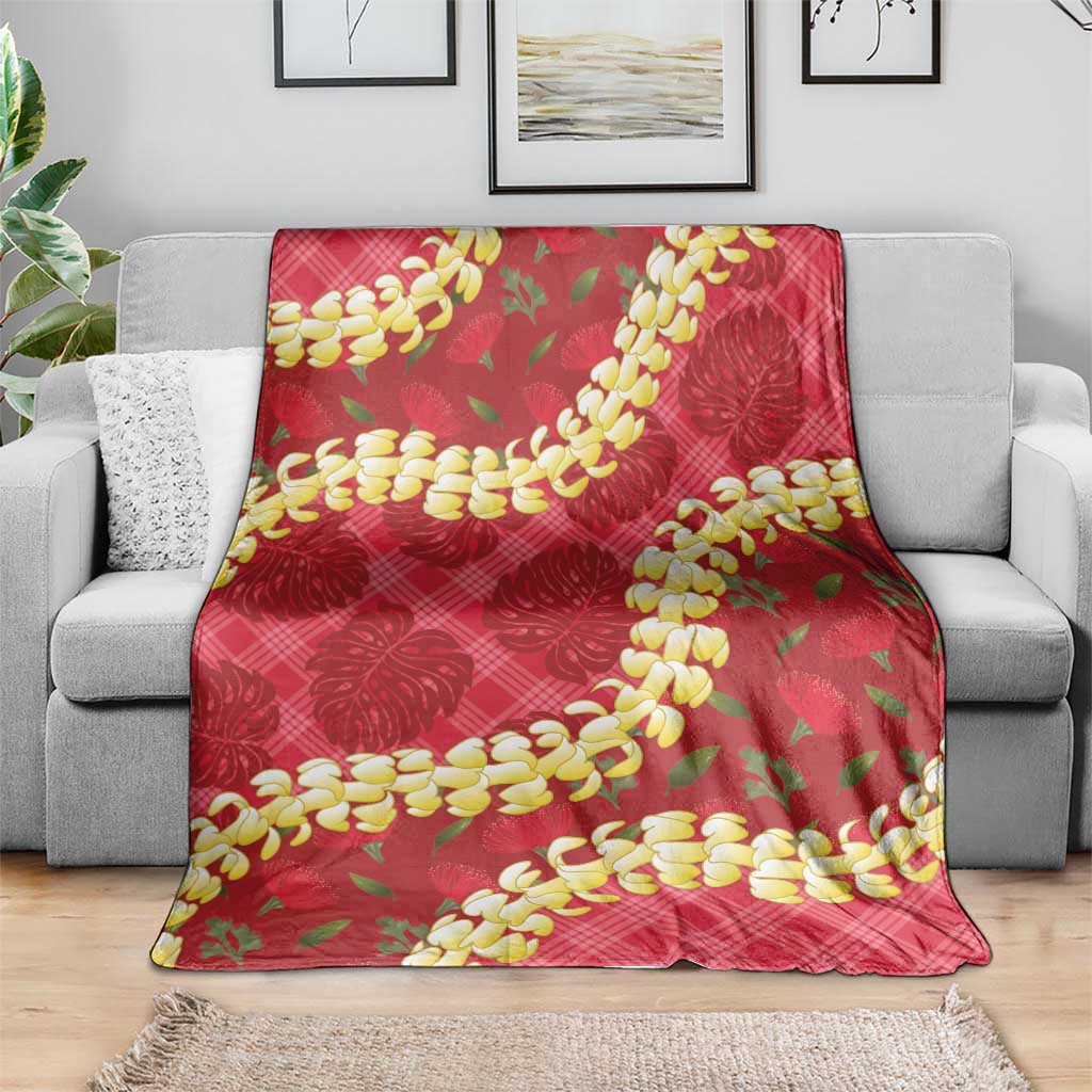 Red Palaka Hawaii Mele Kalikimaka Blanket Ohia Lehua Monstera Puakenikeni Lei LT14 - Polynesian Pride