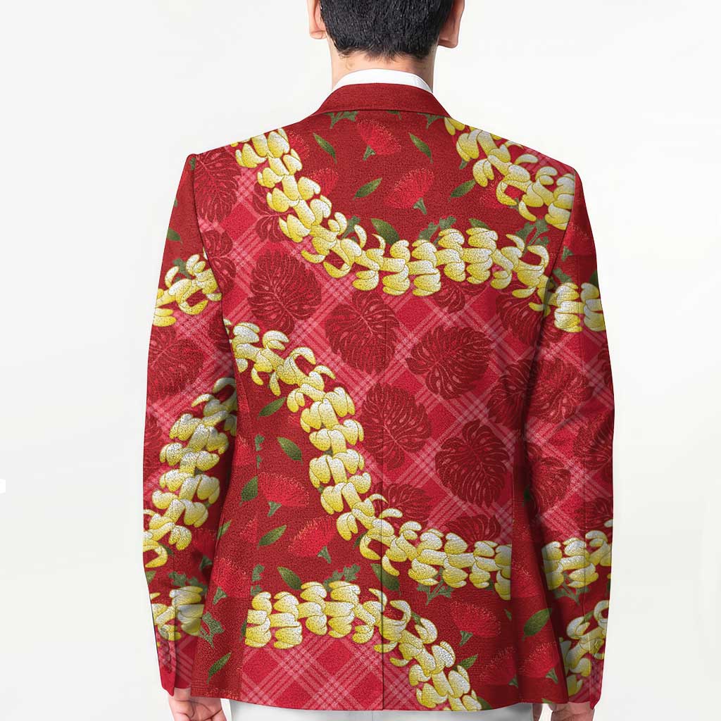 Red Palaka Hawaii Mele Kalikimaka Blazer Ohia Lehua Monstera Puakenikeni Lei LT14 - Polynesian Pride