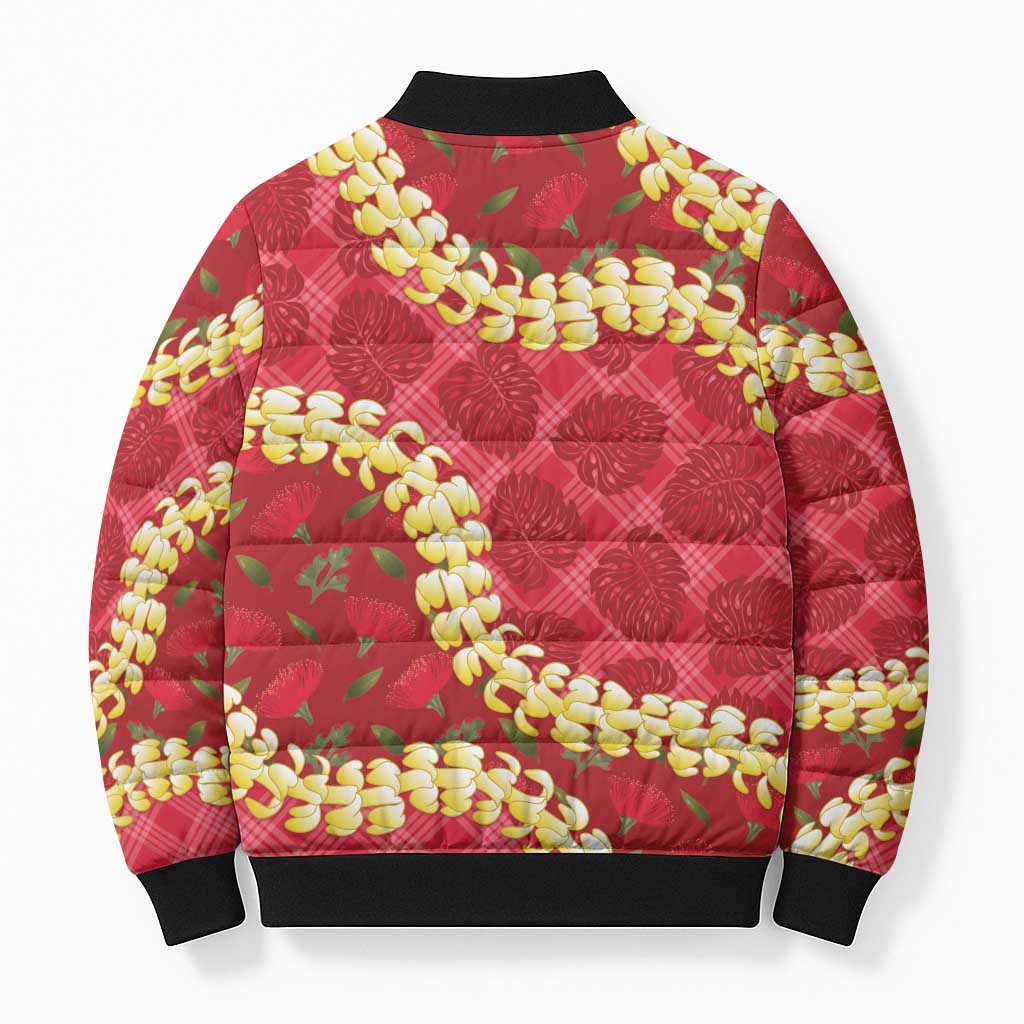 Red Palaka Hawaii Mele Kalikimaka Bomber Puffer Jacket Ohia Lehua Monstera Puakenikeni Lei LT14 - Polynesian Pride