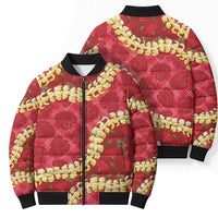 Red Palaka Hawaii Mele Kalikimaka Bomber Puffer Jacket Ohia Lehua Monstera Puakenikeni Lei LT14 - Polynesian Pride