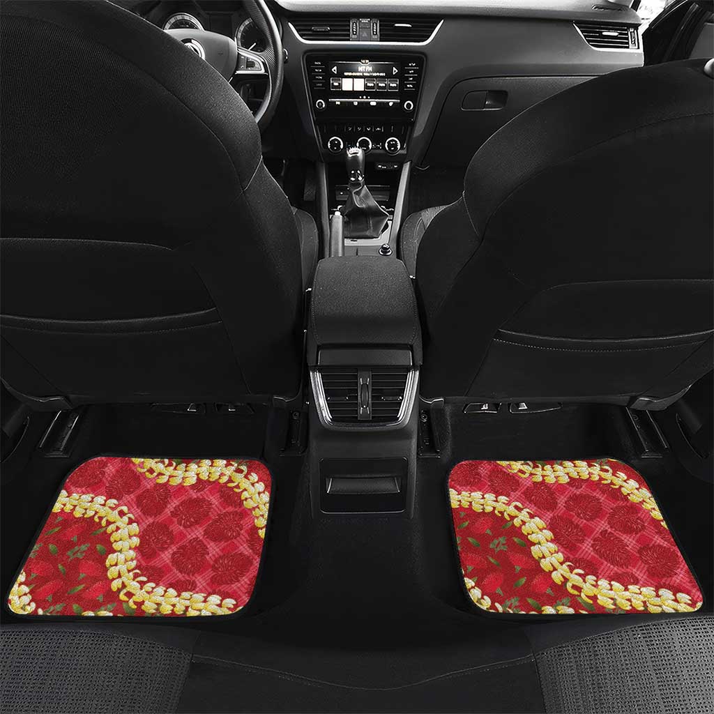 Red Palaka Hawaii Mele Kalikimaka Car Mats Ohia Lehua Monstera Puakenikeni Lei LT14 Set 2pcs - Back Red - Polynesian Pride