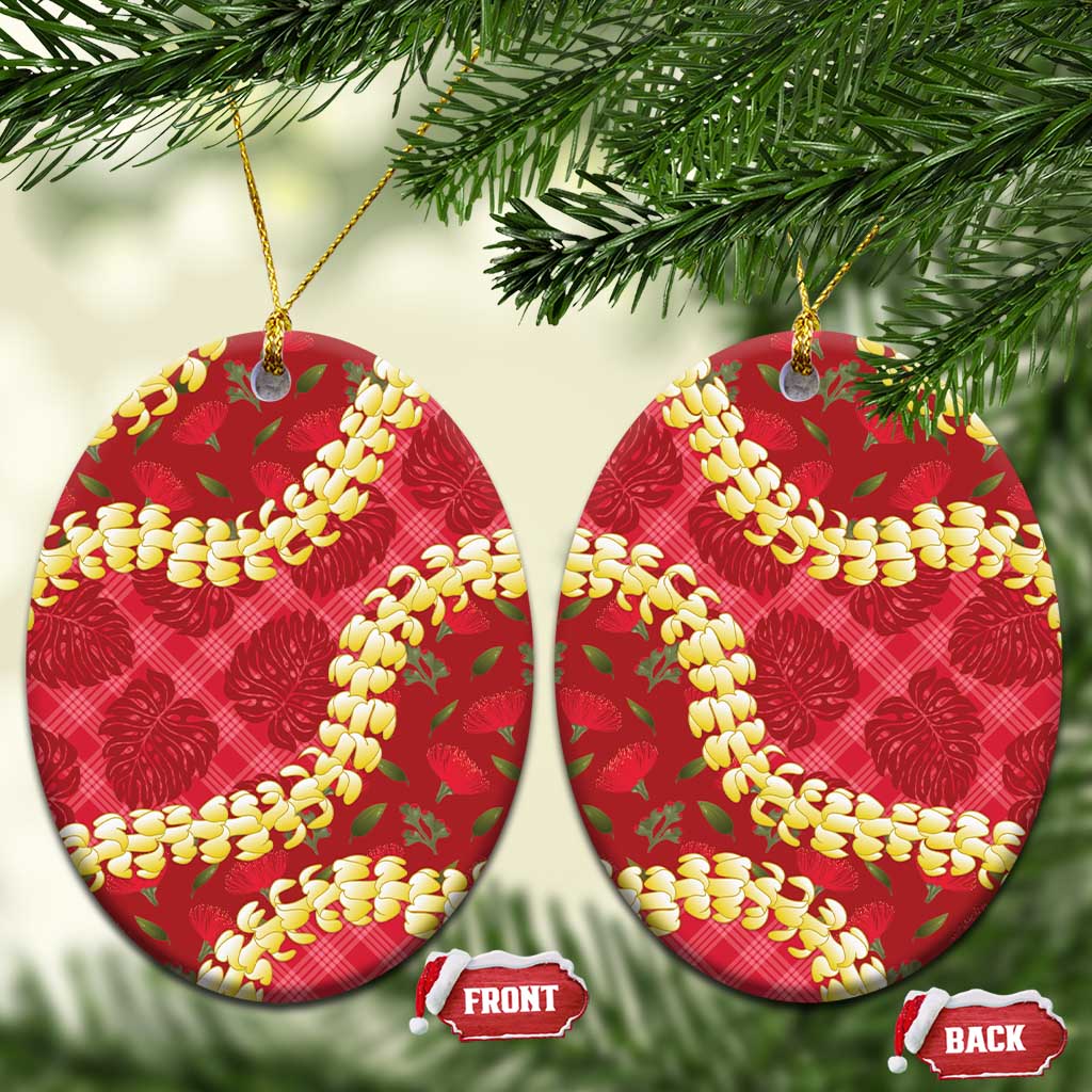 Red Palaka Hawaii Mele Kalikimaka Ceramic Ornament Ohia Lehua Monstera Puakenikeni Lei LT14 Oval Red - Polynesian Pride