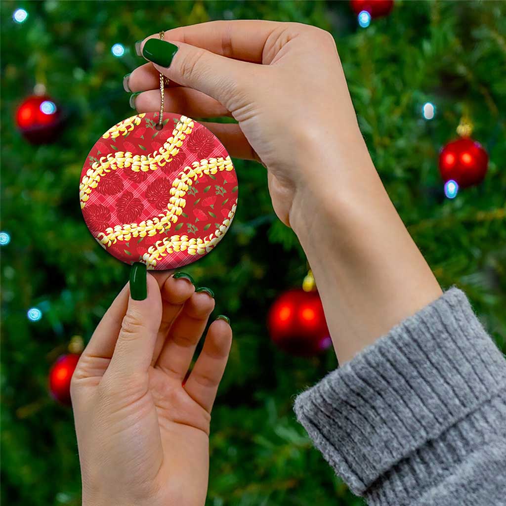 Red Palaka Hawaii Mele Kalikimaka Ceramic Ornament Ohia Lehua Monstera Puakenikeni Lei LT14 - Polynesian Pride