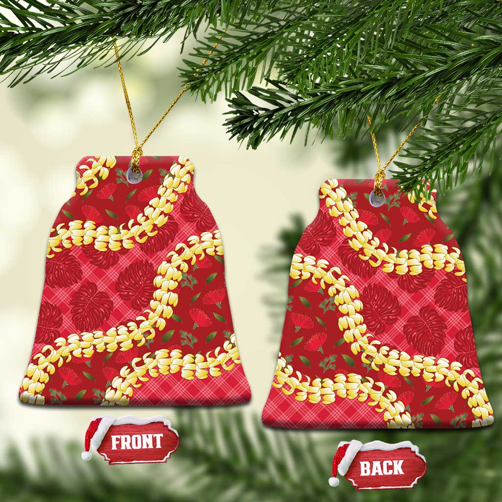 Red Palaka Hawaii Mele Kalikimaka Ceramic Ornament Ohia Lehua Monstera Puakenikeni Lei LT14 Bell Flake Red - Polynesian Pride