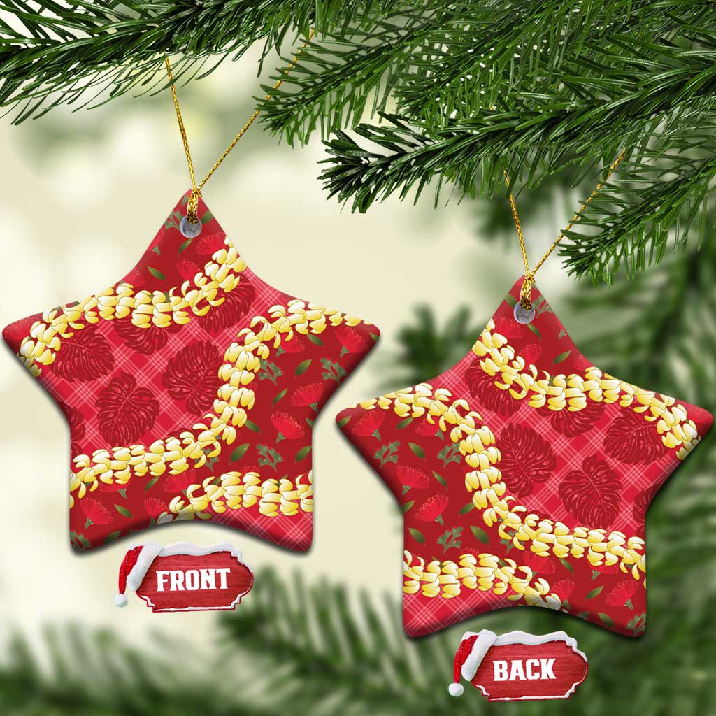 Red Palaka Hawaii Mele Kalikimaka Ceramic Ornament Ohia Lehua Monstera Puakenikeni Lei LT14 Star Red - Polynesian Pride