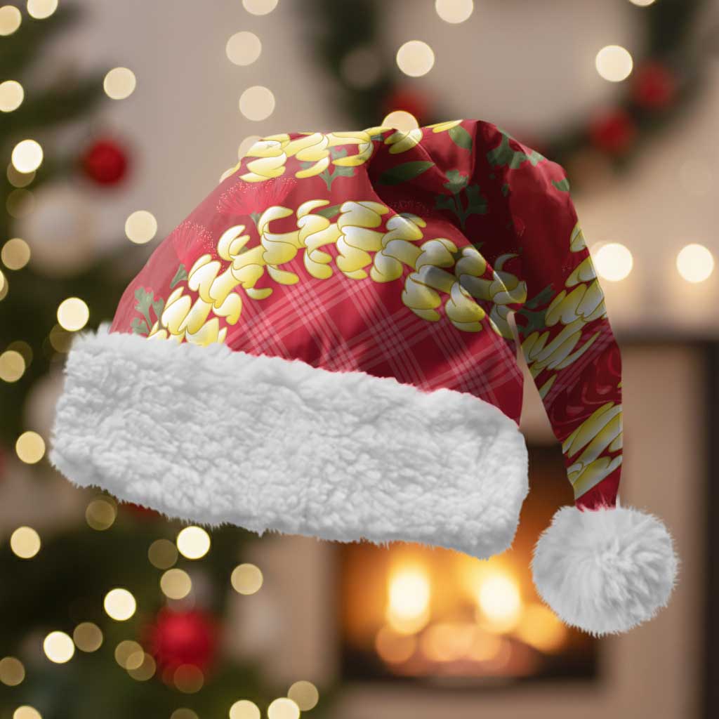 Red Palaka Hawaii Mele Kalikimaka Christmas Santa Hat Ohia Lehua Monstera Puakenikeni Lei LT14 With Fur Red - Polynesian Pride
