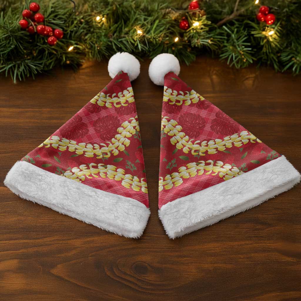 Red Palaka Hawaii Mele Kalikimaka Christmas Santa Hat Ohia Lehua Monstera Puakenikeni Lei LT14 - Polynesian Pride