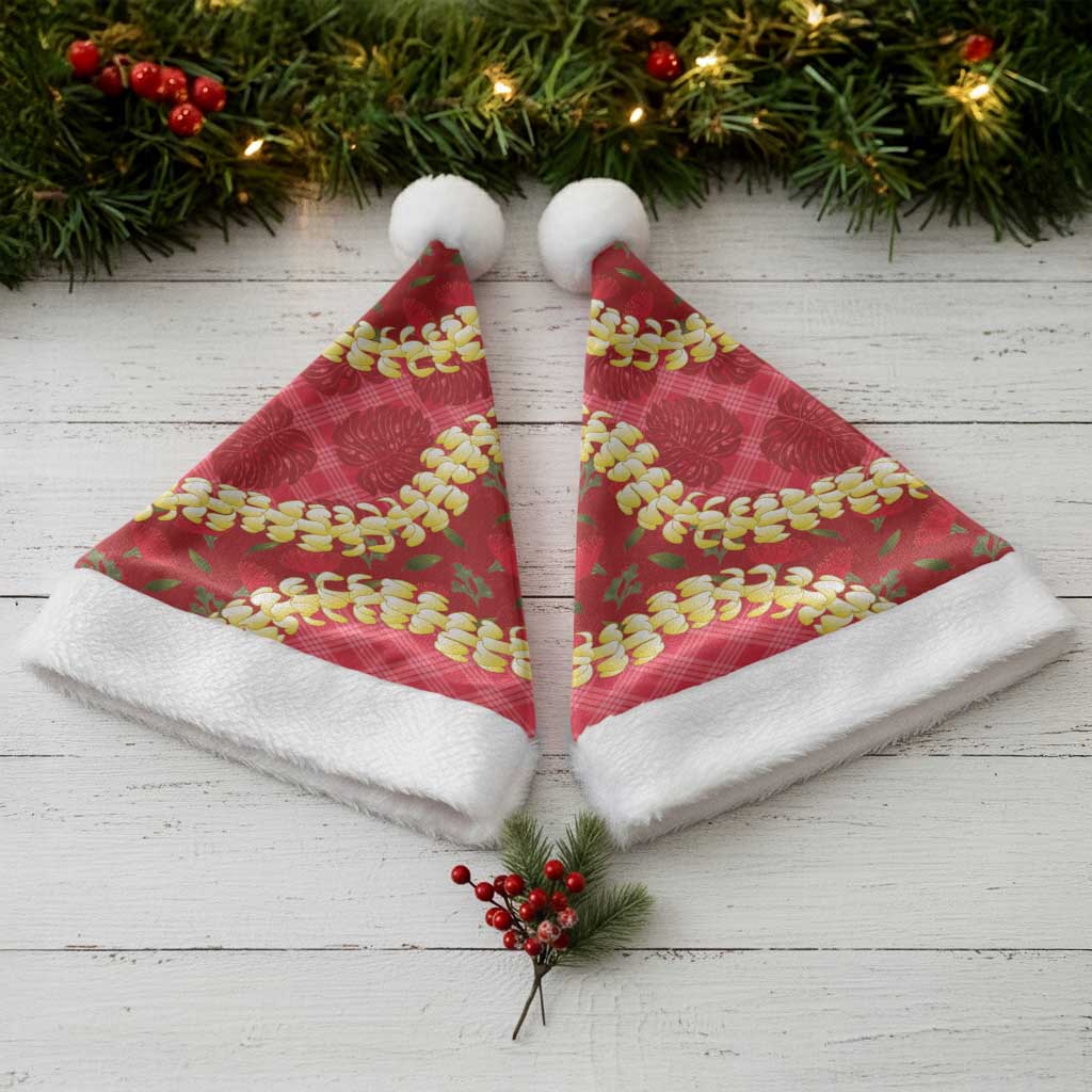 Red Palaka Hawaii Mele Kalikimaka Christmas Santa Hat Ohia Lehua Monstera Puakenikeni Lei LT14 - Polynesian Pride