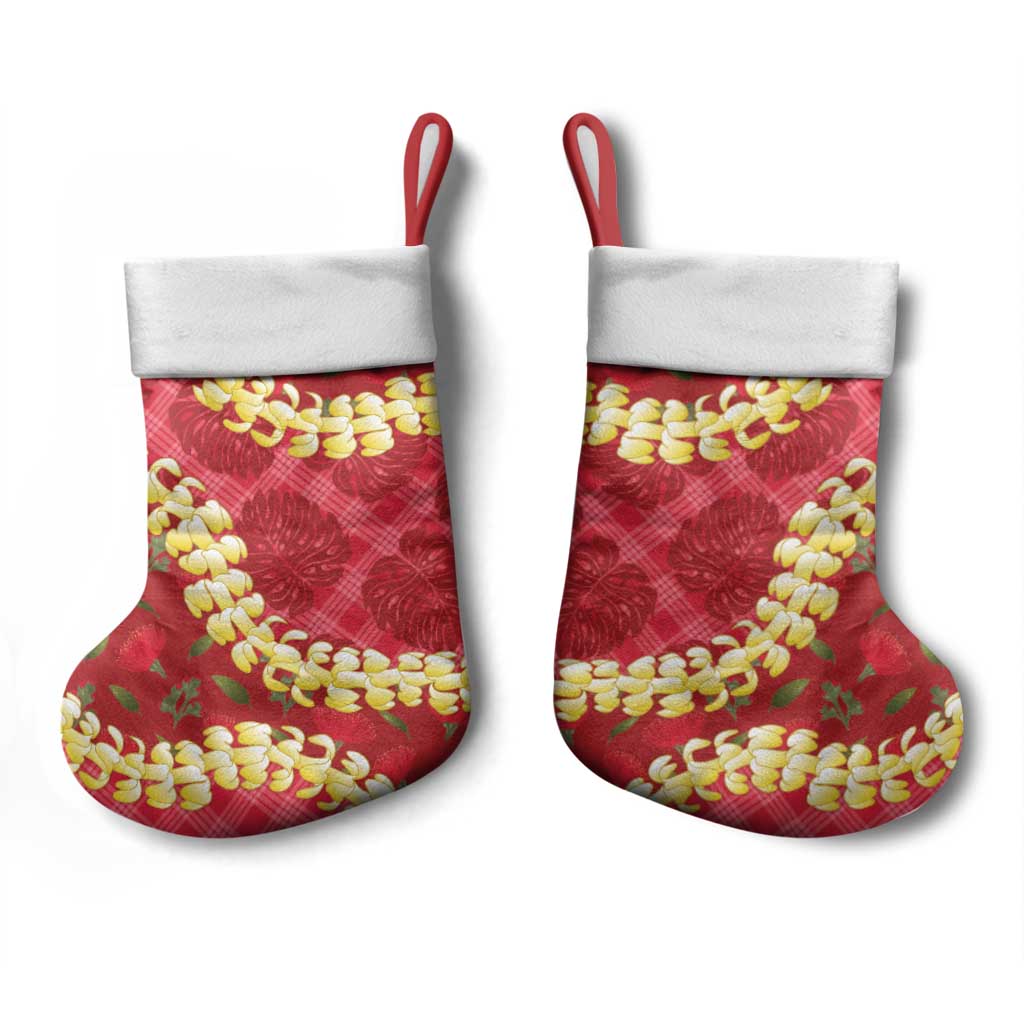 Red Palaka Hawaii Mele Kalikimaka Christmas Stocking Ohia Lehua Monstera Puakenikeni Lei LT14 - Polynesian Pride