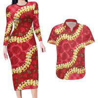 Red Palaka Hawaii Mele Kalikimaka Couples Matching Long Sleeve Bodycon Dress and Hawaiian Shirt Ohia Lehua Monstera Puakenikeni Lei LT14 Red - Polynesian Pride