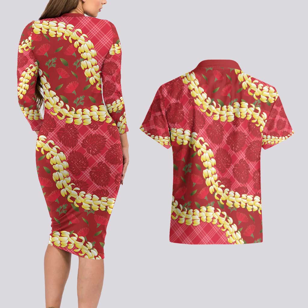 Red Palaka Hawaii Mele Kalikimaka Couples Matching Long Sleeve Bodycon Dress and Hawaiian Shirt Ohia Lehua Monstera Puakenikeni Lei LT14 - Polynesian Pride